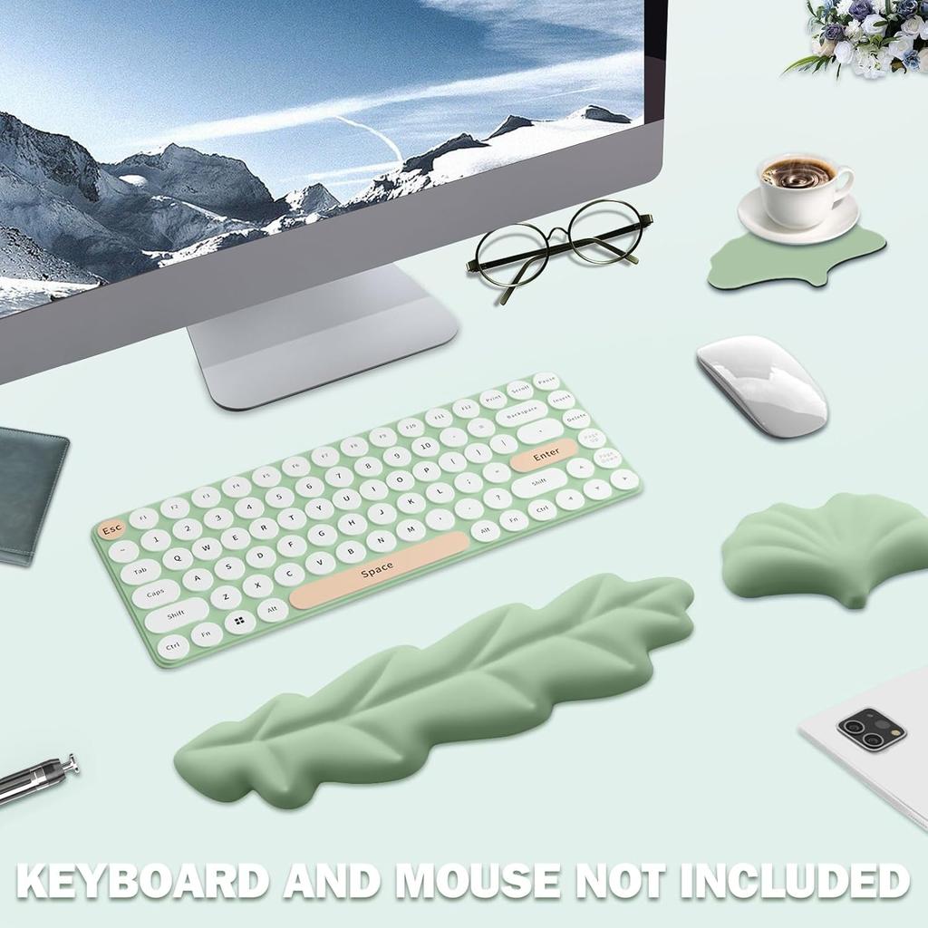 Keyboard Wrist Rest Pad Set Leaf Shape PU Leather Memory Foam Wrist Cushion Support,Mouse Wrist Rest Pad,Non-Slip Wrist Support