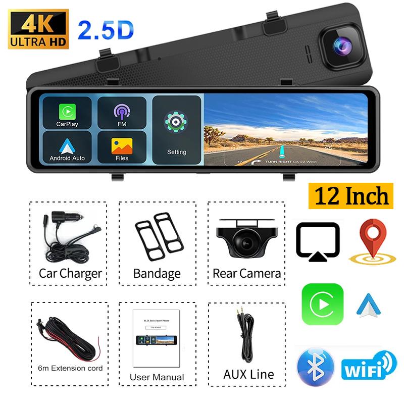 12Inch 4K Dash Cam for Cars WIFI Wireless CarPlay Android Auto Car DVR Dual Lens Video Recorder Rear View Mirror Car Accessory