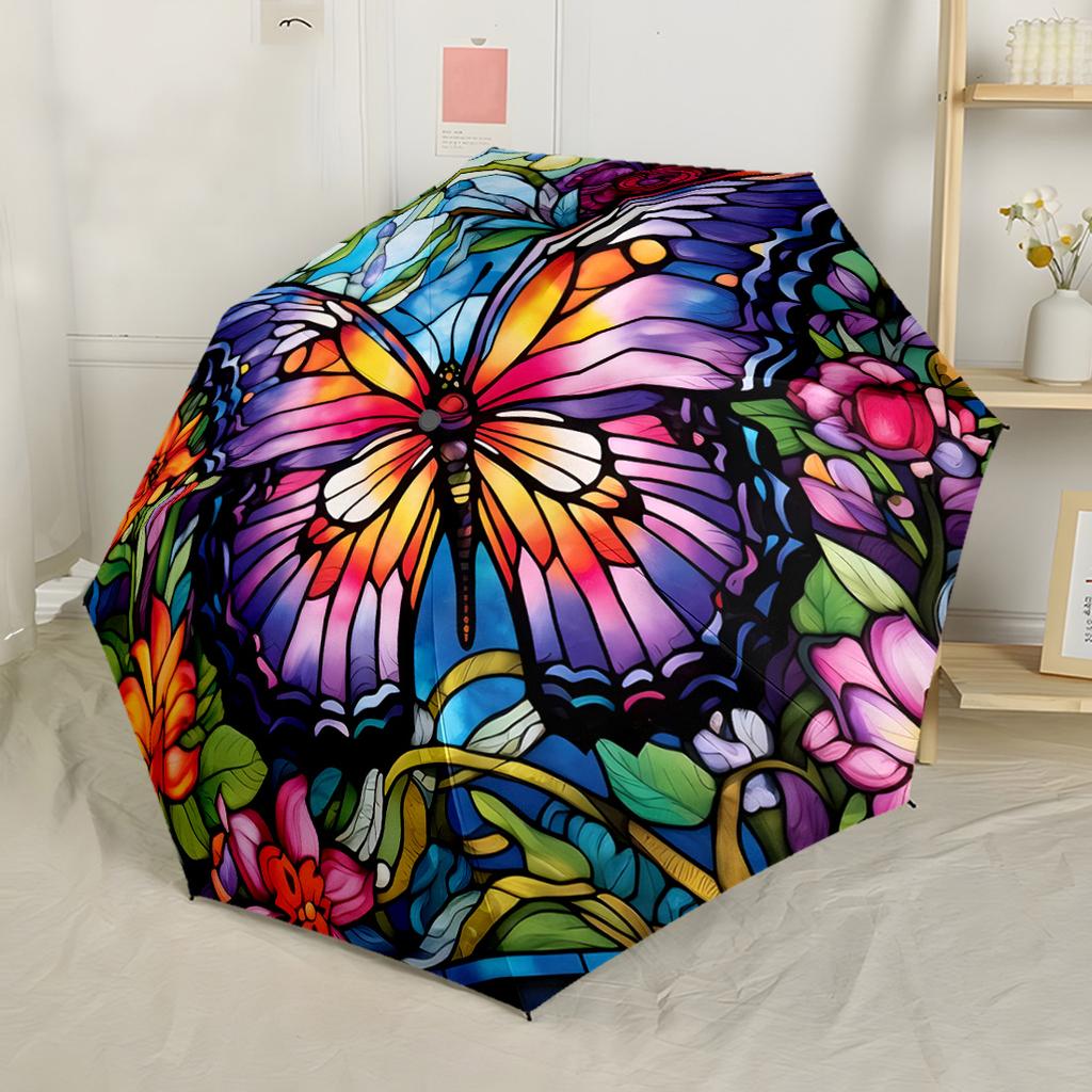 Colorful Butterfly Stained Glass Portable Automatic Umbrella with 8-Rib Lightweight All-Season Travel Fashion Lovers Perfect Gift for Women/Men