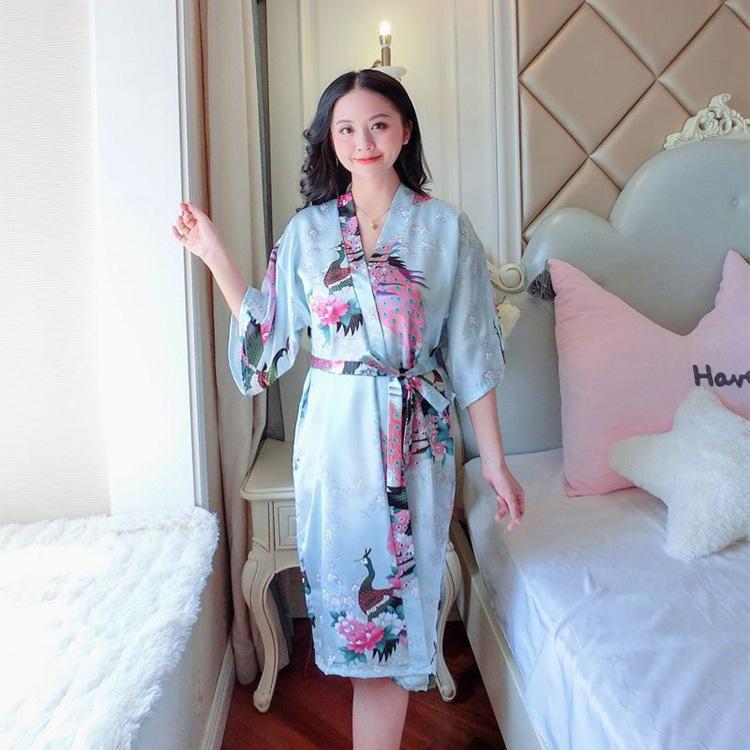 Women's Peacock Print Silk-Feel Short Summer Robe Pajamas
