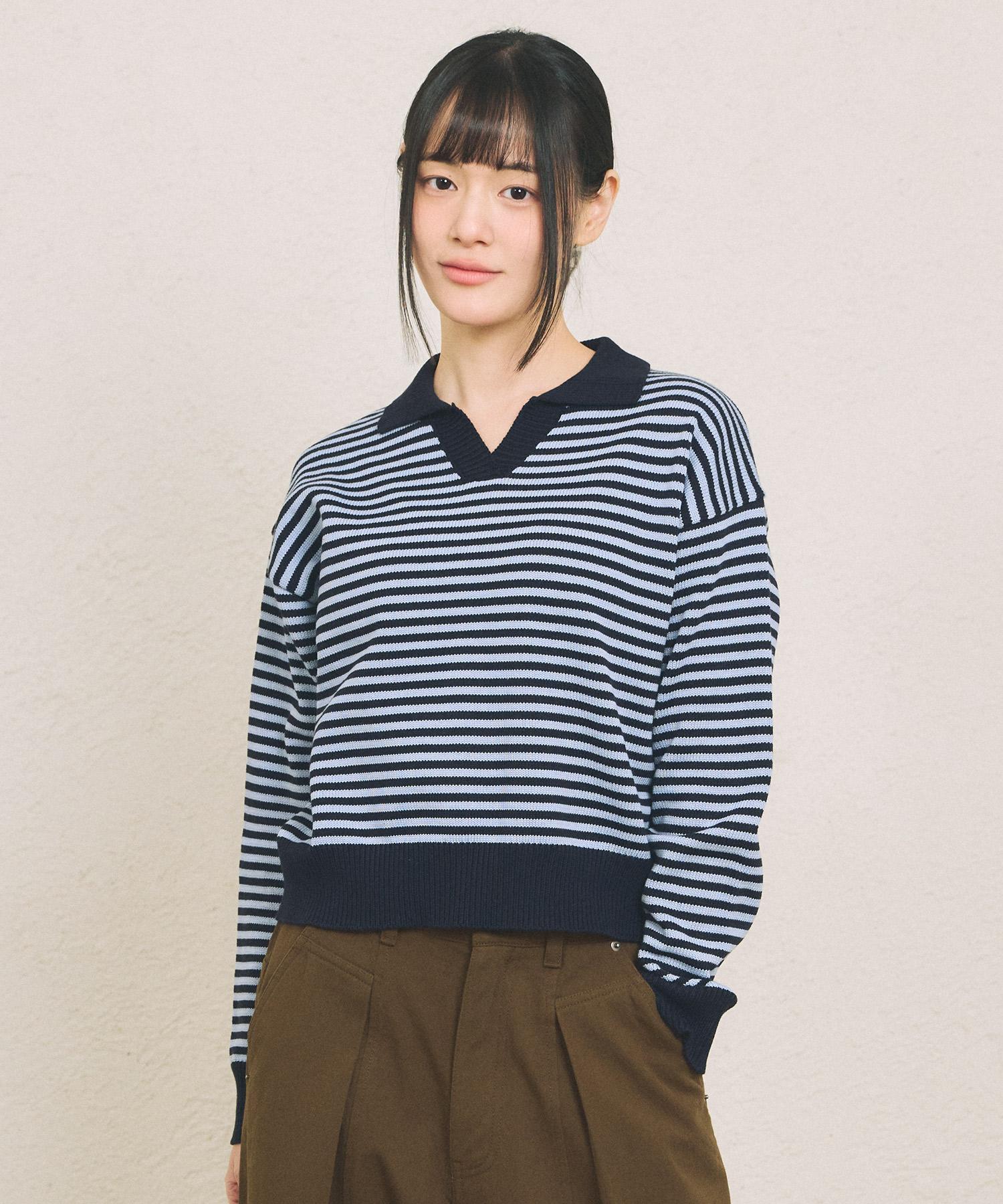 Comoni Nose W Stripe Collar Knit [Navy] Navy/Free