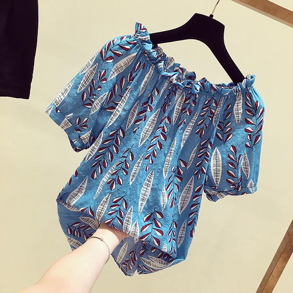 Fashion Women Casual Cold Shoulder Printed Short Sleeve Loose Chiffon Tops