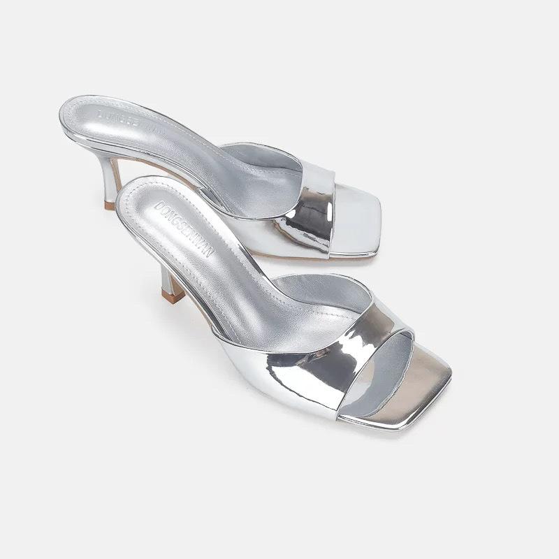 

Sheepskin version - square head open-toed sexy outer wear one-word slippers patent leather high heels cool slippers thin heels 40