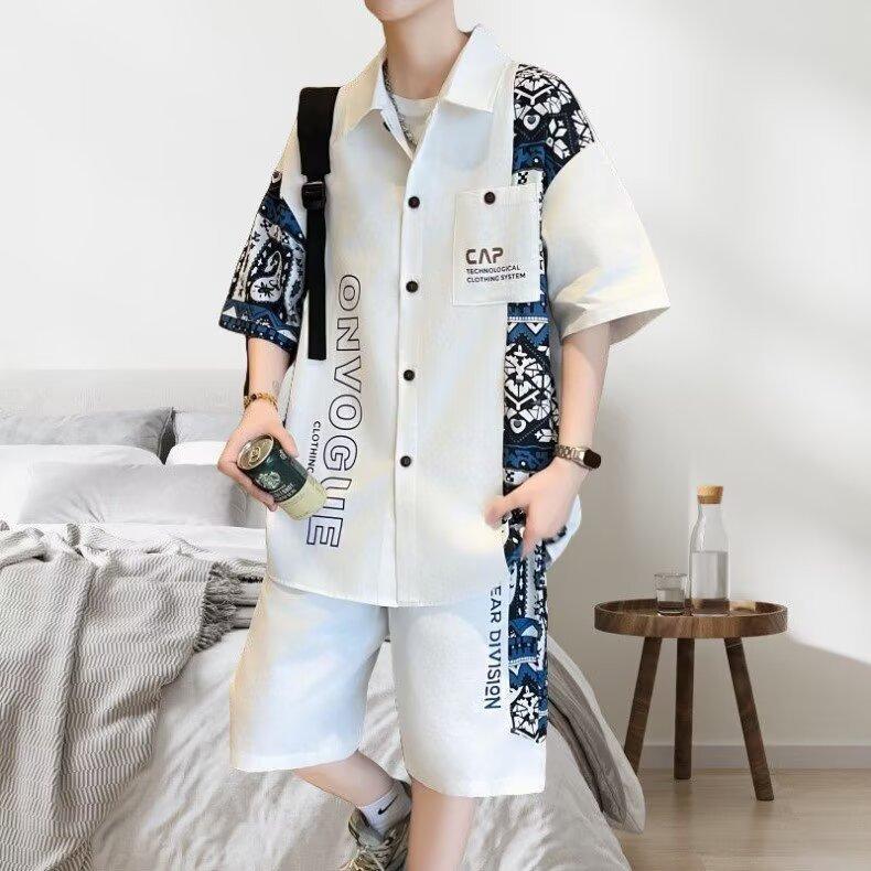 Summer Loose Fit Ort Sve Irt Set for Plump Men Lightweight Faionable Two-Piece Polyester Blend Elastic Fiber Silk Si