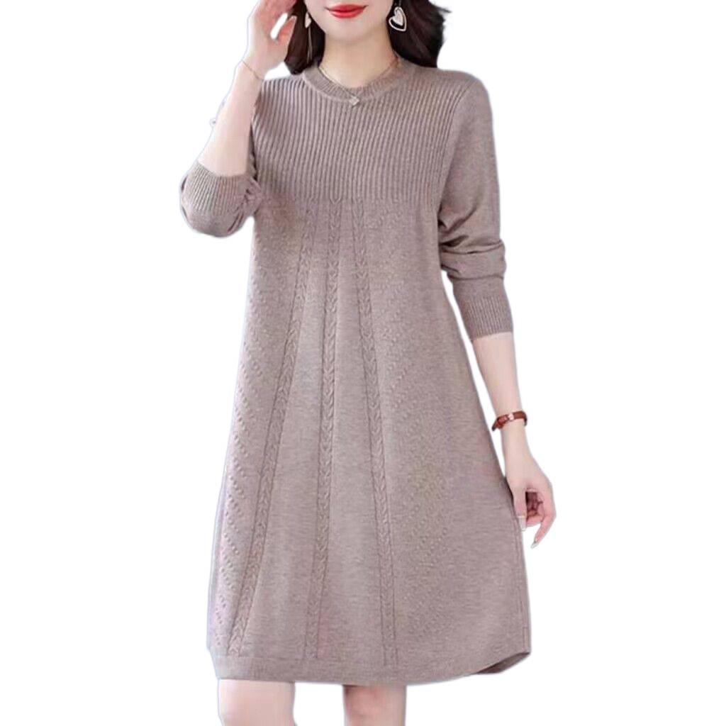 Korean Style Medium-Long Knit Dress for Spring/Autumn - Concealing Mother's Base Layer Wool Dress