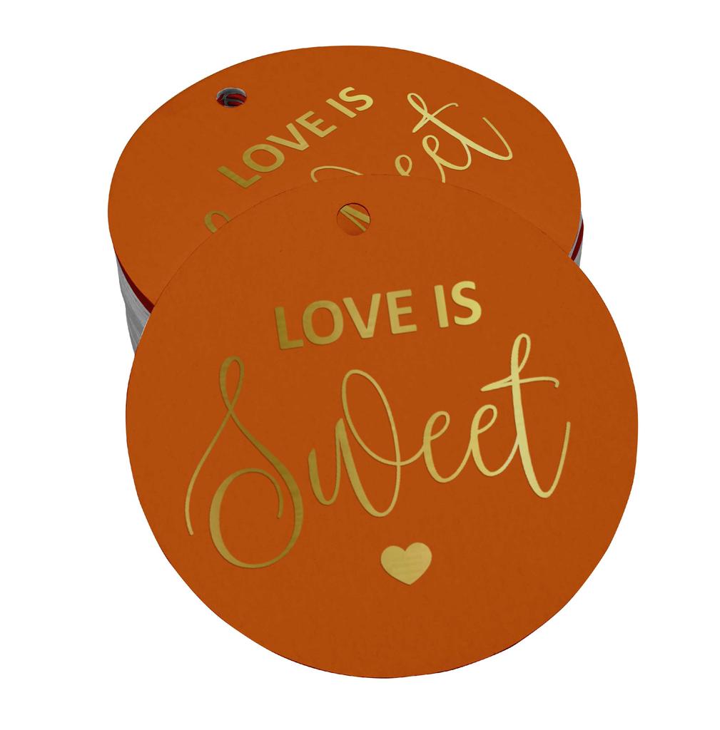 Inkdotpot 100 - Confezione da 100 etichette in carta stagnola color oro vero Love Is Sweet bomboniera da appendere