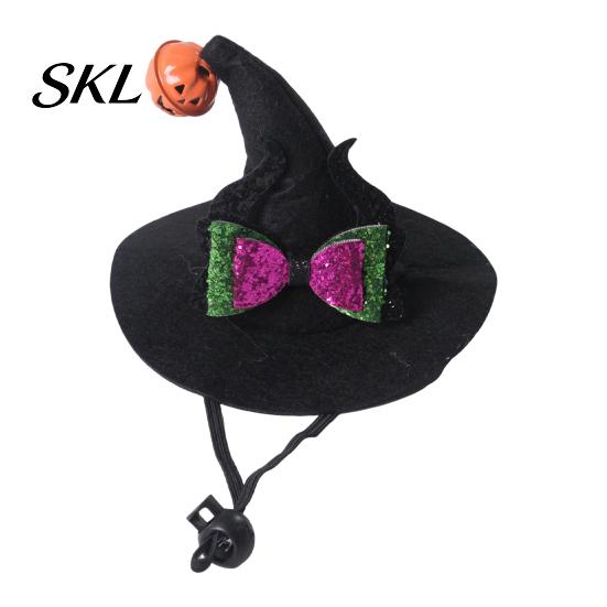 Pet Halloween Hat Cat Wizard Hat, Bent Pointed with Pumpkin Bell, Sequined Bow Festive for Cats Small Dogs Stiff Felt