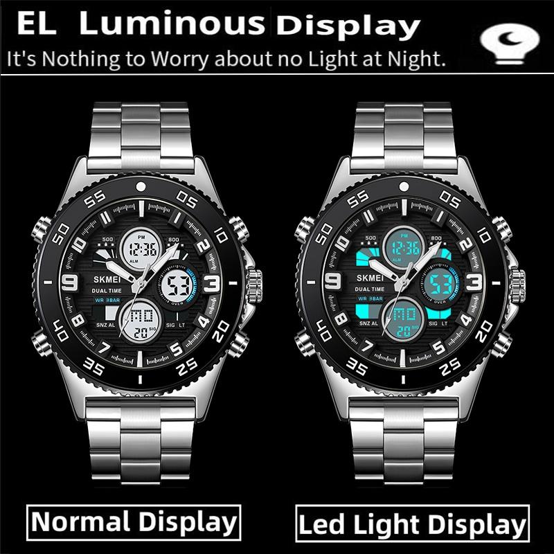 Skmei Mens Quartz Sports Waterproof Watches Luxury Stainless Steel Strap Analog Digital Display Dual Time Zone LED Alarm Clock