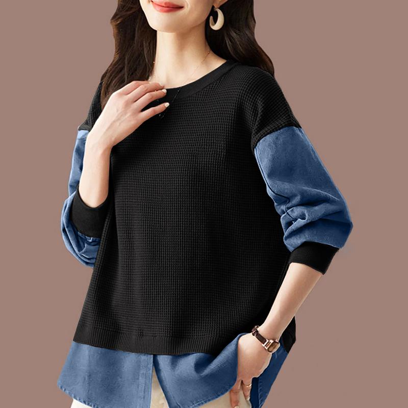 ZANZEA Women Casual Round Neck Patchwork Long Sleeve Loose Autumn Pullover Tops