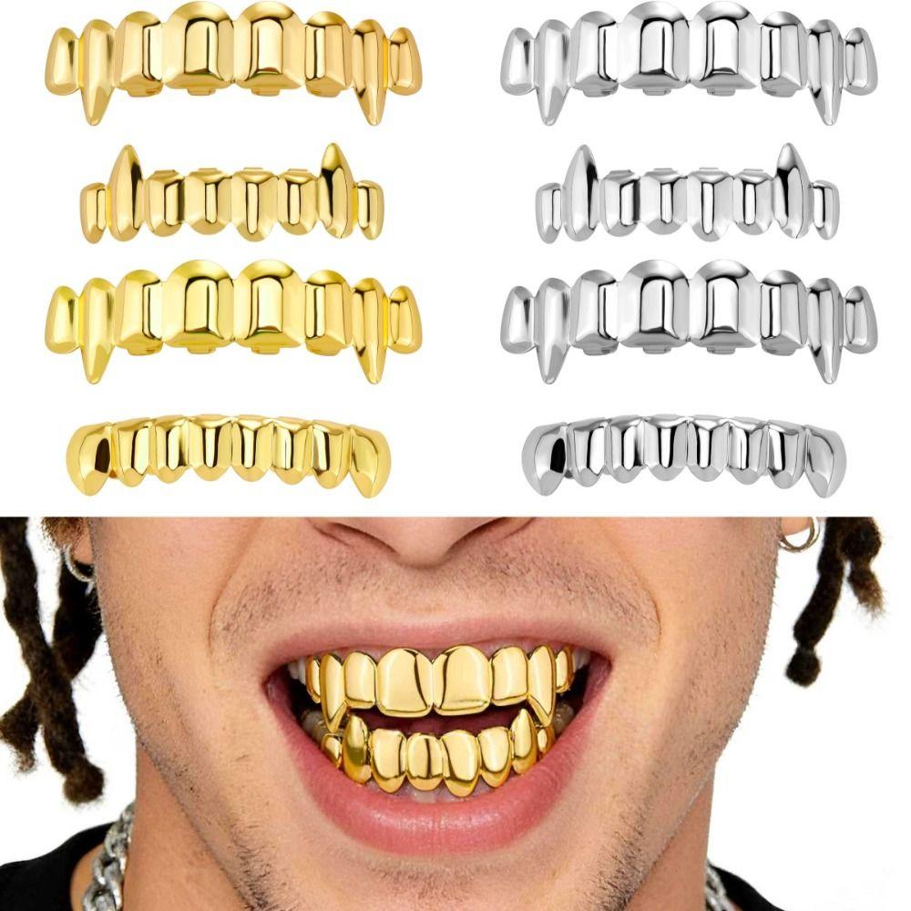 Fashion Hip Hop Teeth Grillz Top Bottom Set 18K Gold Anti Slip Fangs Glossy Teeth Shiny Gold Mouth Tooth Caps Cosplay
