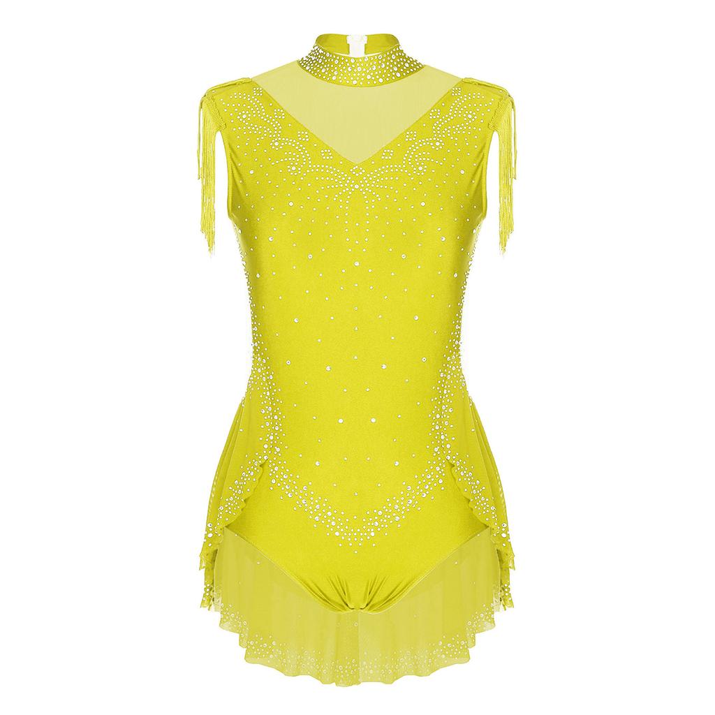 Girls Sparkling Rhinestones Dance Leotard Mock Neck Sleeveless Invisible Zipper Back Sheer Mesh Skirted Bodysuit