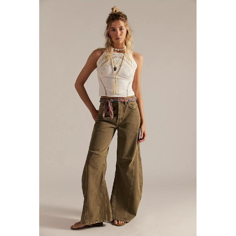 

Early autumn new vintage high-waisted wide-leg jeans for women with a loose design S хаки