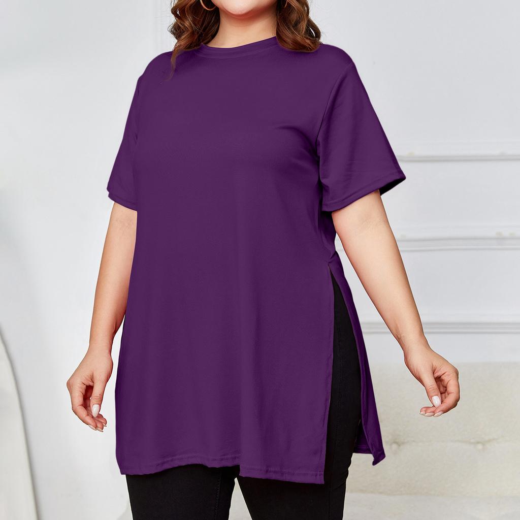 Women's Plus Size Slit Long T,shirt Round Neck Casual Loose Short Sleeved Top