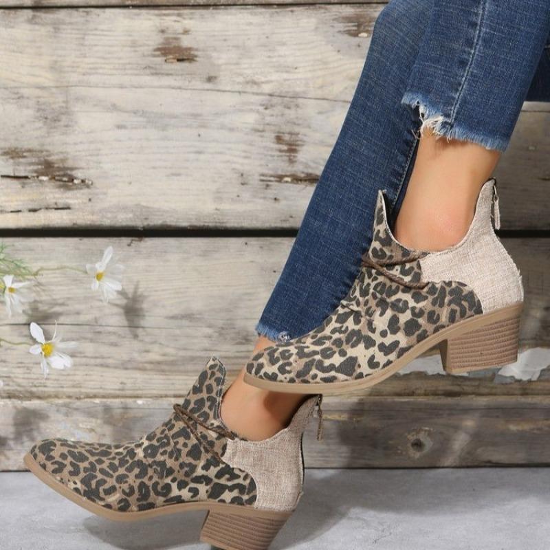 Round head high heel short boots women's autumn and winter leopard print thick heel pleated large size Martin boots rear zipper and bare boots