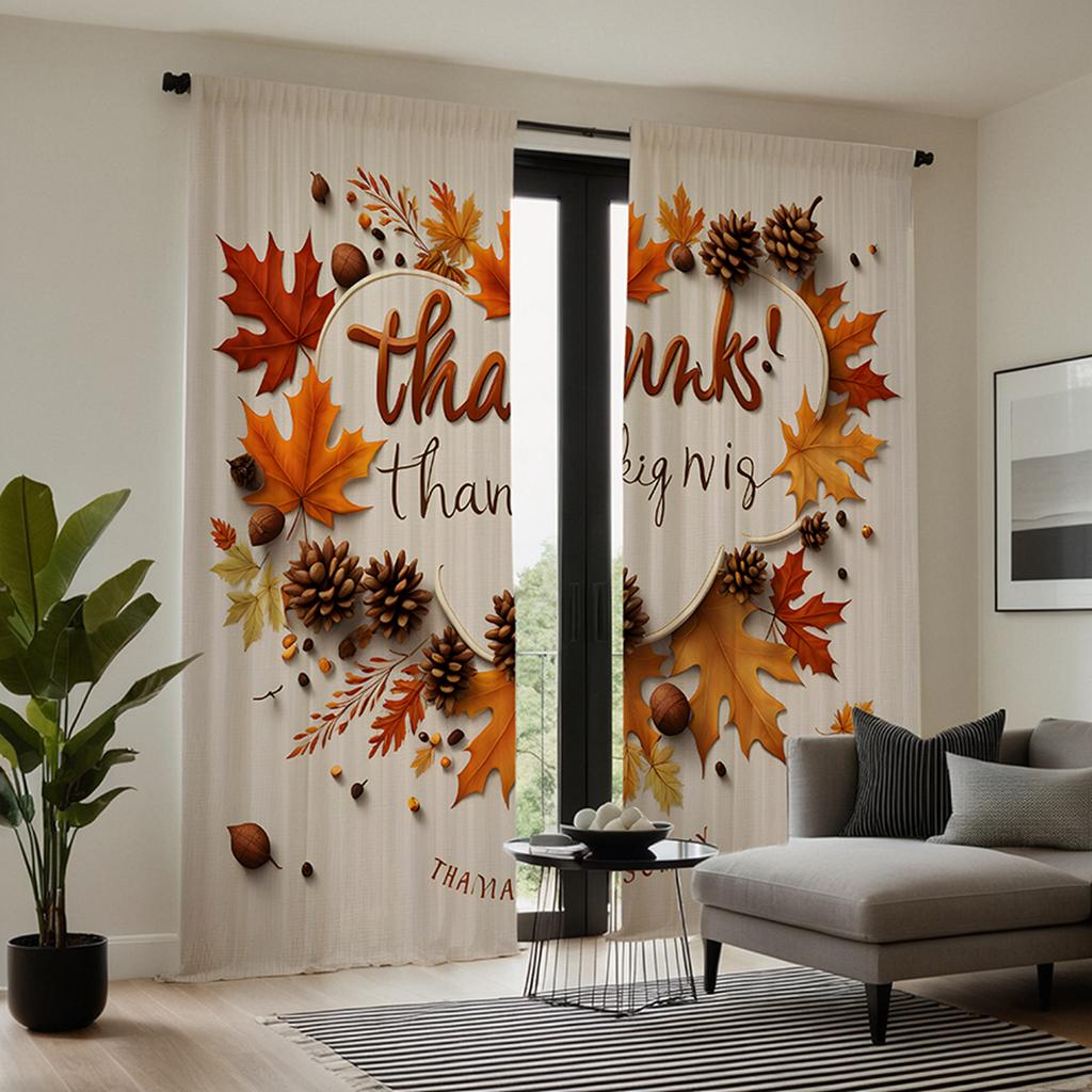 2pcs set HD Thanksgiving pine cone Maple Leaf decorative curtain White tie digital printed curtain Home Decoration style Deco