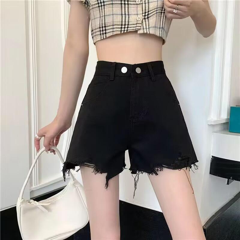 Pantaloni subțiri din denim rosted A-line de vară, noi, cu talie înaltă, rupți, simpli, cu pantaloni scurți cu picior larg pentru femei