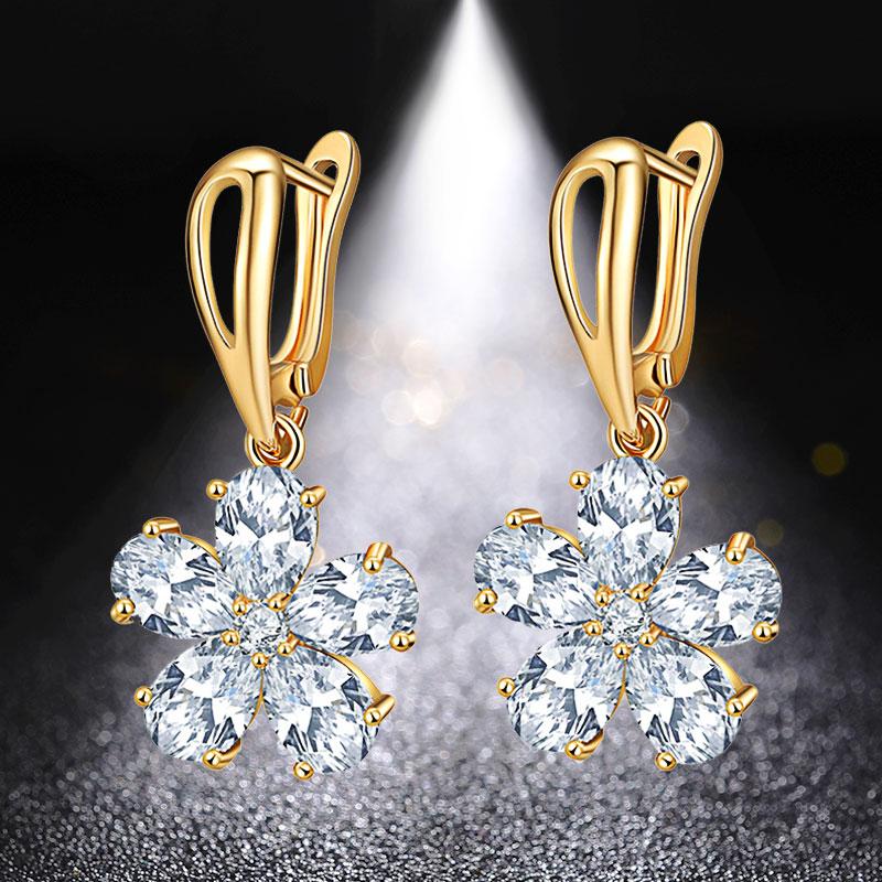 HUAMI New Plated Gold Drop Earings Flower Jewelry Two AAA Zircon Long-lasting Gift For Sister Bizuteria Damska