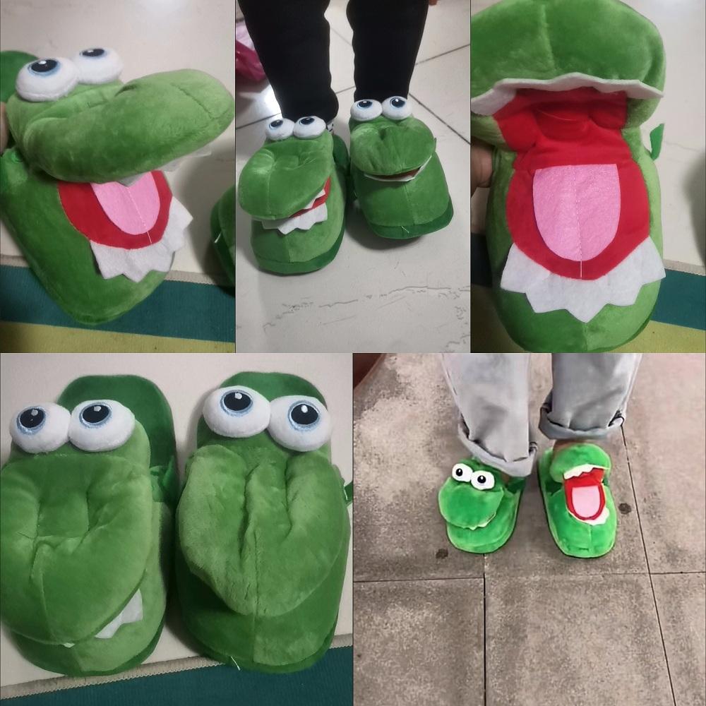 Funny Green Alligator Indoor Shoes for Women 2025 Warm Flat Cotton Slippers Creative Open Mouth Animal Short Plush Slides Home