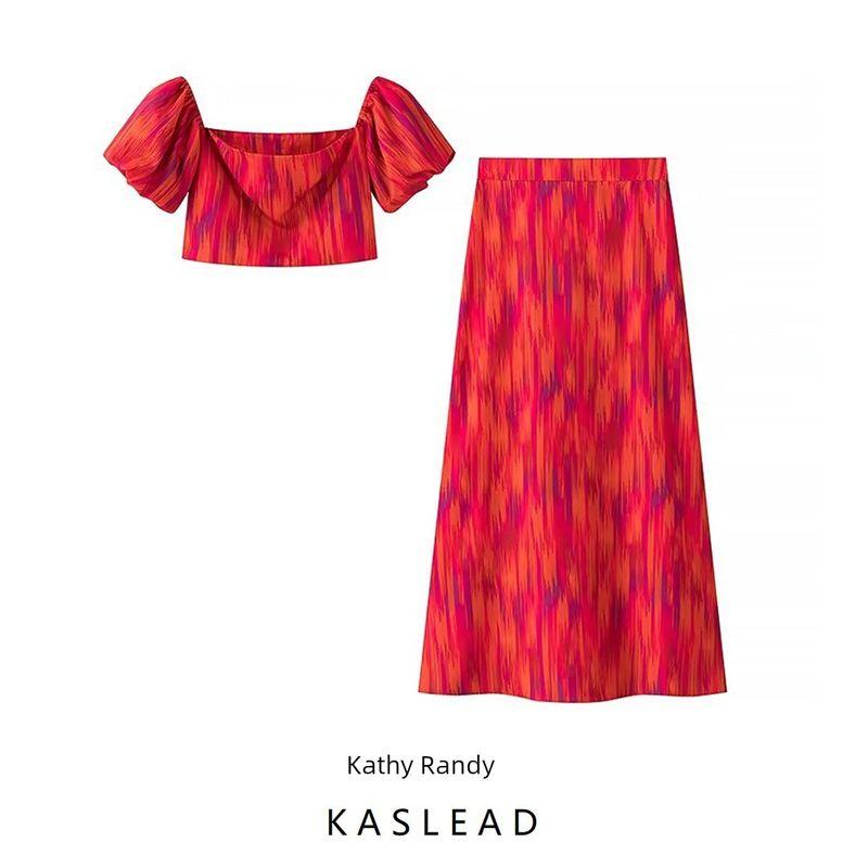 Kaslead New Arrival Women's Clothing Fashion Style Fashion Simple and Short Top and Skirt Printing Suit