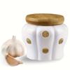 1pc Ceramic Garlic Keeper With Bamboo Lid, Hollow Design Jar, Ventilated Kitchen Storage And Decor, Ceramic Garlic Container