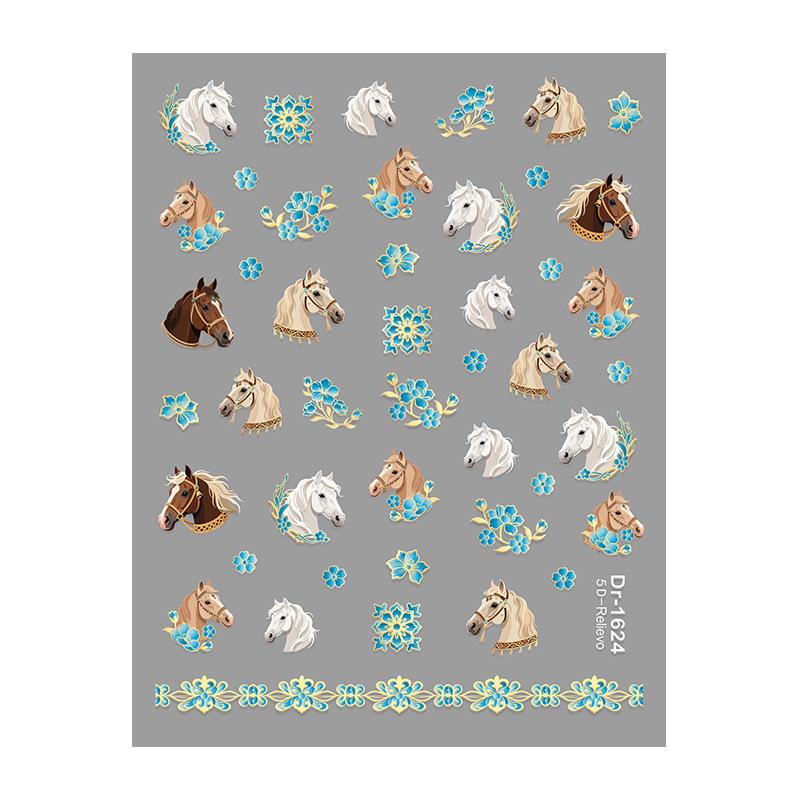 1Pc Cute Cartoon Pony Fireworks Embossed Nail Stickers Year of the Horse Relief Manicure Art Decoration Stick-on Nails