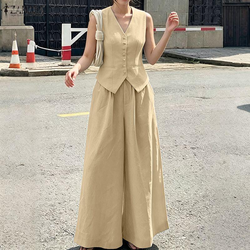 ZANZEA Lässiger Zweiteiler für Damen, ärmelloses Westentop und Hose mit weitem Bein