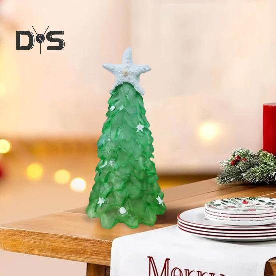 12/15/20CM Seaglass Christmas Tree Decoration Blue Green Sea Glass Starfish Shell Ocean-themed Xmas Tree Figurine Holiday Resin Tree Desktop Ornament