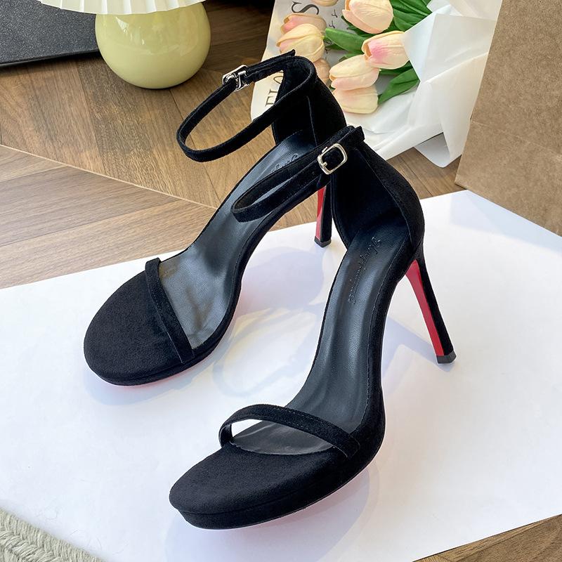Black word with sandals women's summer new celebrity sexy temperament thin heel waterproof table red sole high heels