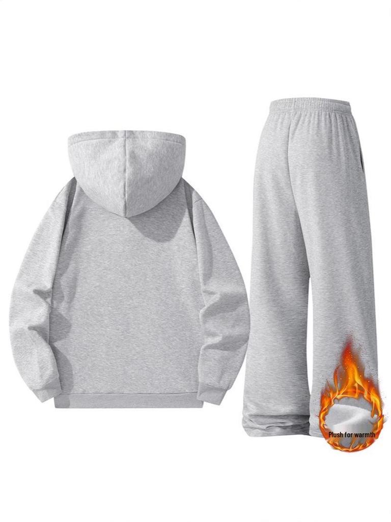 Unisex Casual Velvet Hoodie & Sweatpants Set - Solid Colors