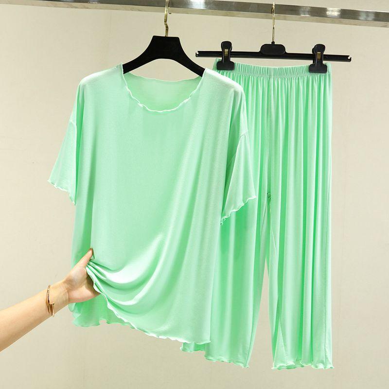 

Свободный костюм с коротким рукавом из модала, женский летний домашний комплект из ледяного шелка, тонкая футболка, топы, укороченные брюки, комплект из двух предметов Green L (Recommendation 50.00 kg-60.00 kg