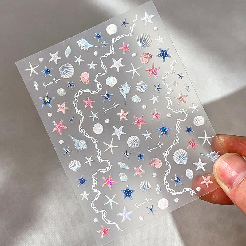 

1 лист 5D летних наклеек на ногти с морскими ракушками, блестящие тисненые наклейки для ногтей с морскими звездами, летний пляж, морская раковина, наклейки для ногтей, украшение