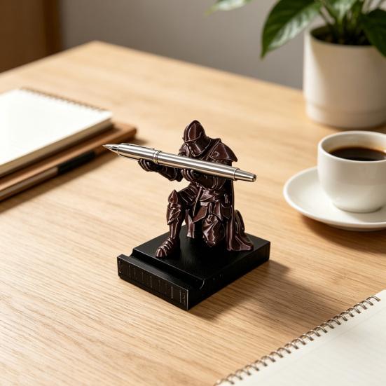 Porte-stylo Chevalier à genoux Impression 3D Guerrier blindé Organisateur de bureau Repose-stylo exécutif