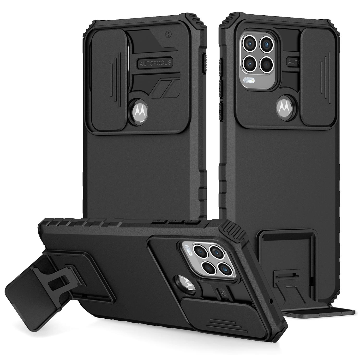 

For Motorola Moto G Stylus 5G (2021) Phone Protector Slide Camera Hard PC+Flexible TPU Cover Kickstand Case Black