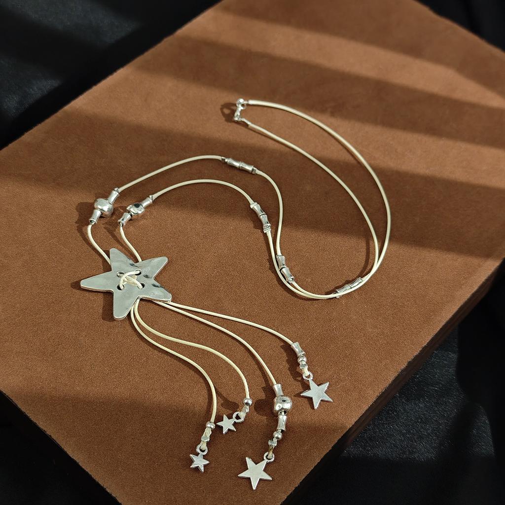 Sweet Silver Star Fringed Necklace Women'S Retro Long Accessories Niche Design Unique Personality Sweater Chain