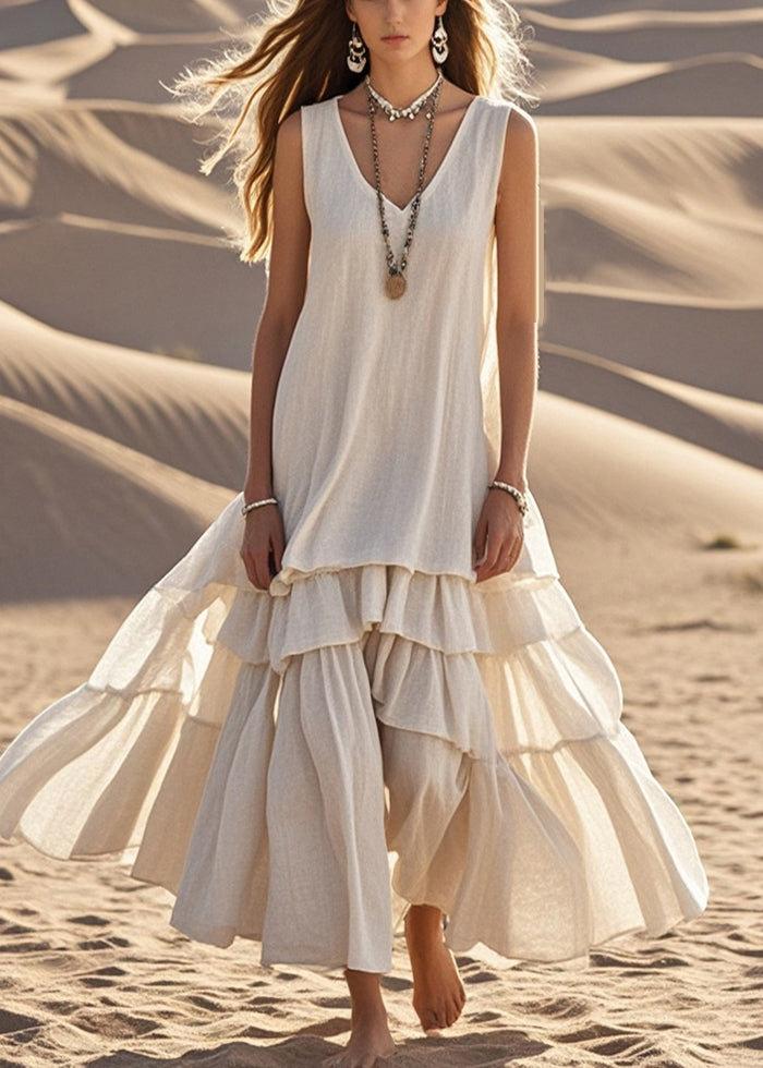 Women's V Neck Sleeveless Loose Fit High Waist Ruffle Tiered Solid Color Maxi Dress Casual Dress