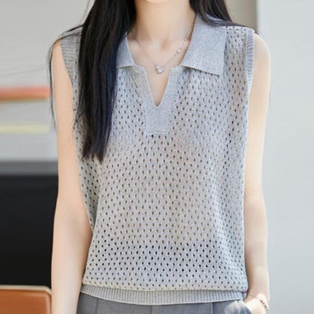 Navava Women Cool Daily Punching Collar Sleeveless Knit Top Nk3691