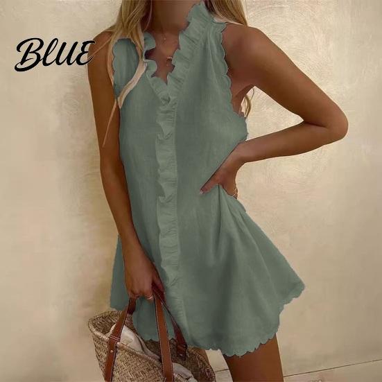 Lightweight Cotton Dress Summer Ruffle Mini for Women Sleeveless V Neck Beach Resort Wear Linen Short Dress Boho Vacation Casual A-Line Sundress