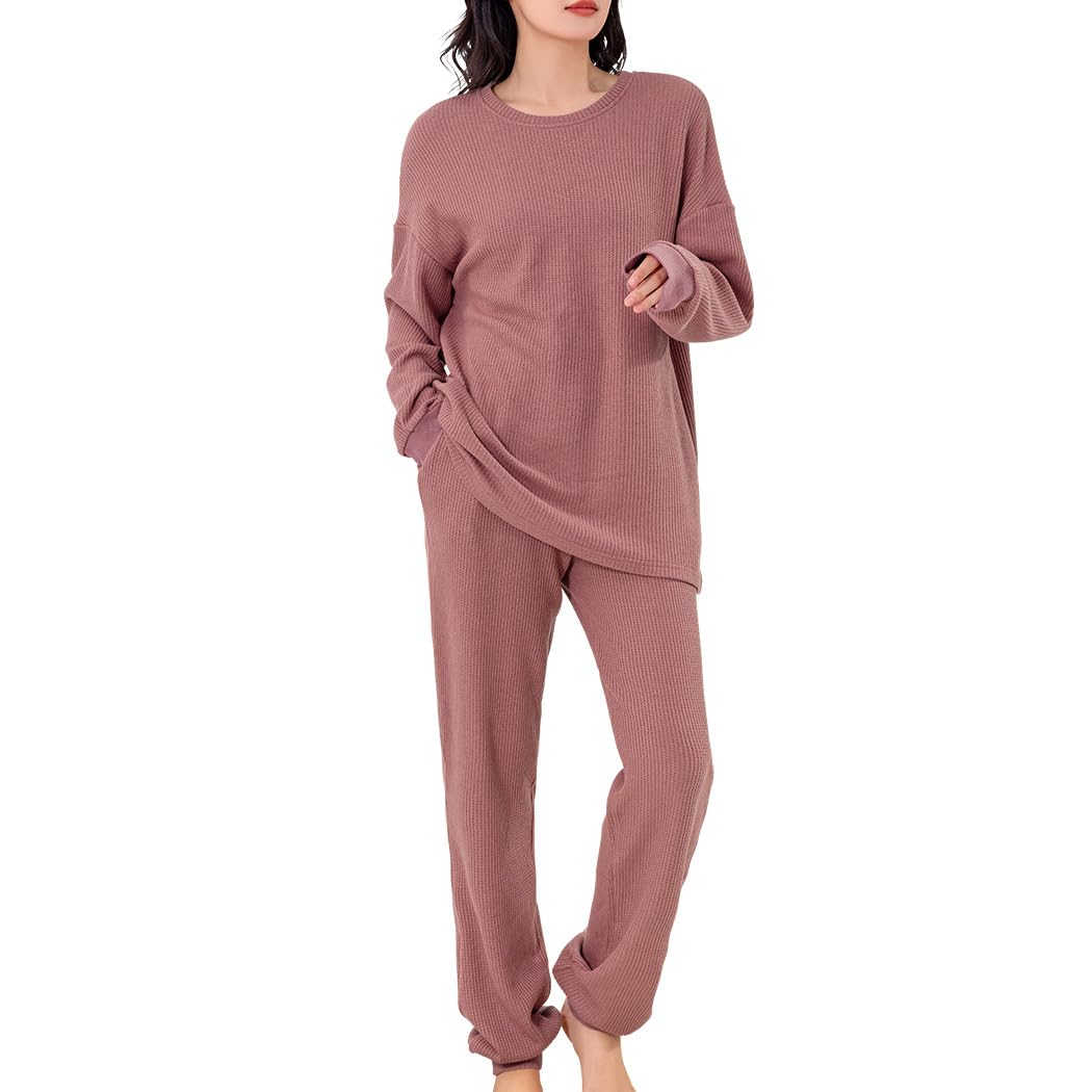 

DAYCLOSET Комплект пижамы с длинным рукавом из вафельной ткани с животиком Средний Холодный домашняя одежда208 Пыльный Женский Теплее, Толщина, Погода, Осень/Зима, (Дж. П.,