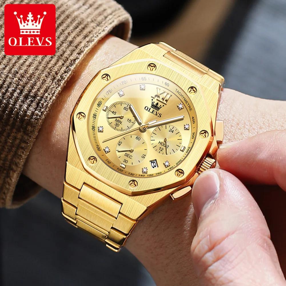 OLEVS Quartz Men Watch Multifunctional Luxury Wristwatch Diamonds Gold Stainless Steel Waterproof Clock