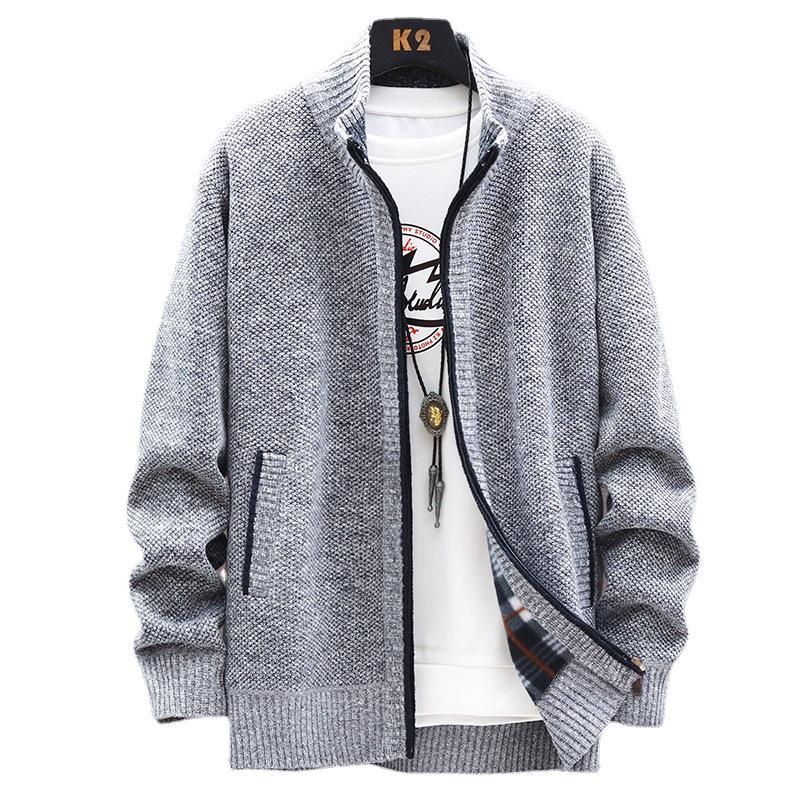 Men's Fleece-Lined Sweater Jacket: Autumn/Winter Casual Knitted Cardigan, Plus Size, Solid Color, Stand-Up Collar.