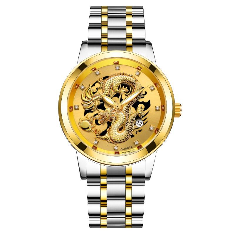 Popular Fashion Calendar Men's Watch Men's Watch Steel Belt Non-Mechanical Business Waterproof Square Diamond Chinese Dragon Watch