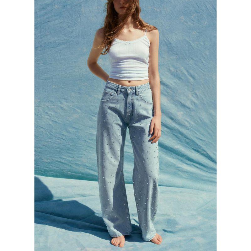 Summer New Women clothes Five Pocket Hole Decorative Water Diamond Decorations High Waist Arc Denim Trousers 3607011