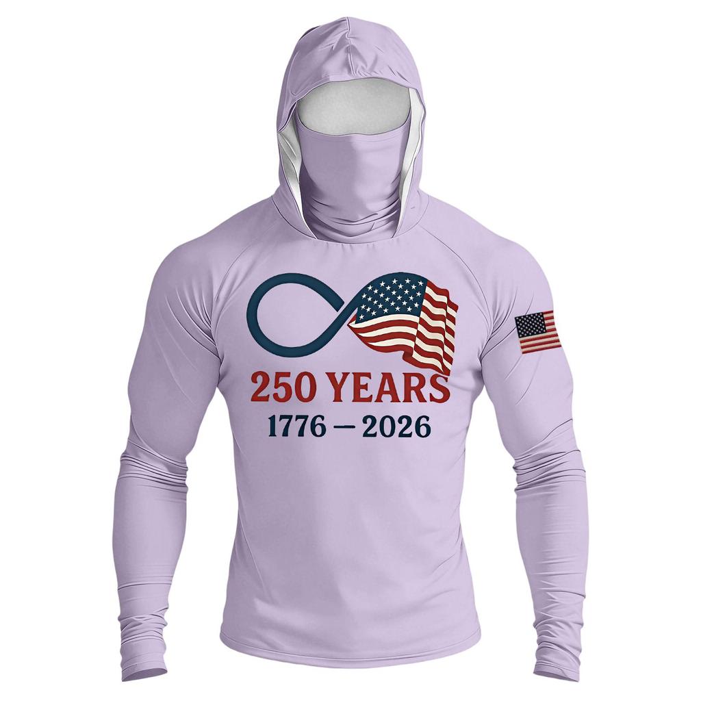 Men's Raglan Sleeve Hooded Long Sleeve Sun Top with Printed Front and Sleeve Design for Outdoor Activities