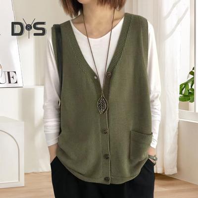 Strickweste für Damen, V-Ausschnitt, ärmellos, einreihig, warme Weste, einfarbig, lockere Passform, gestricktes Tanktop mit Taschen