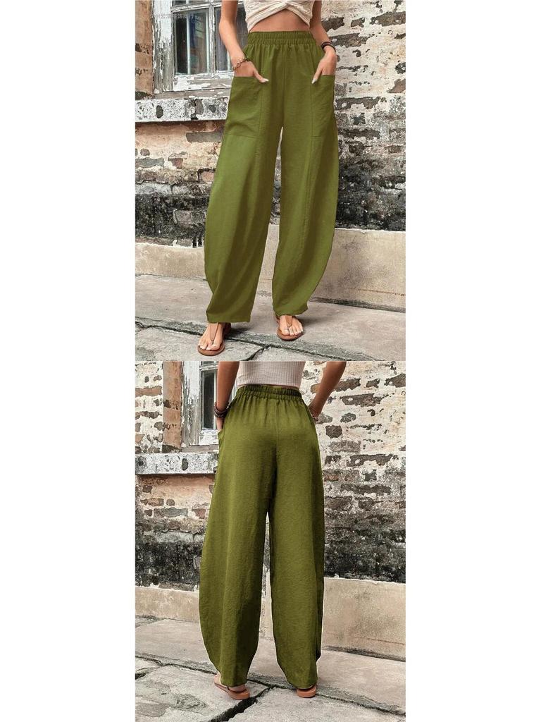 Women's Solid Color Casual Pants with Pockets and Elastic Waist