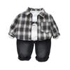 2025 Plaid Shirt Boy's Retro Fashion Three-Piece Set: Casual Spring & Autumn Outerwear