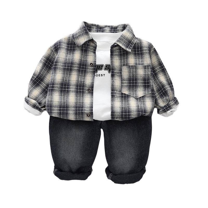 2025 Plaid Shirt Boy's Retro Fashion Three-Piece Set: Casual Spring & Autumn Outerwear
