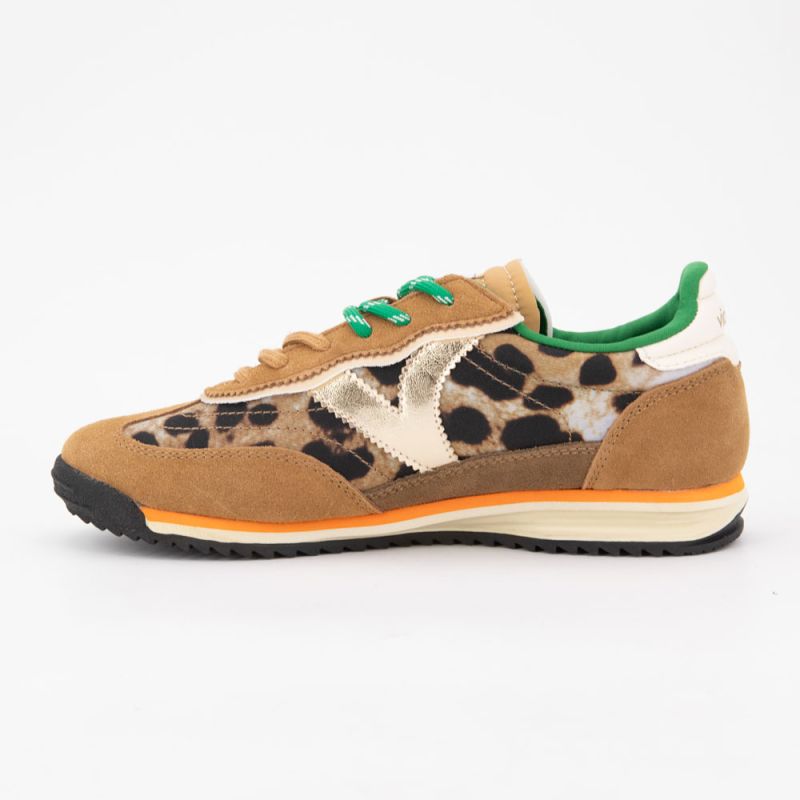 Baskets double lacets imprimé léopard avec liseré orange Femme VICTORIA