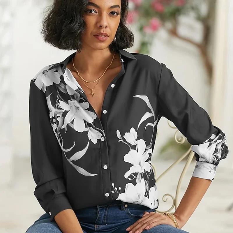 Elegant Long-sleeved Shirts for Women, Casual Blouses with 3D Flower Print Designs Spring Shirts