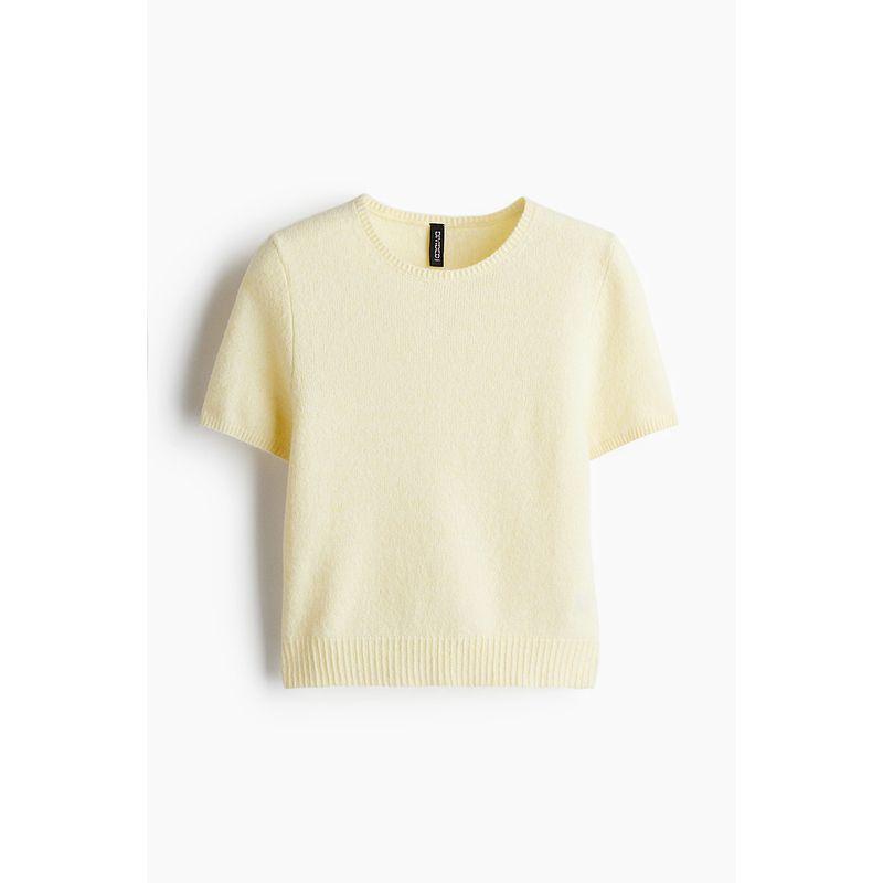 

HM Women s Clothing Wool Knitwear 2025 Autumn New Arrival round Neck Fashion Slim Looking Silm Elegant Short Sleeve T-shirt 1262821 Light yellow 160/88(S)